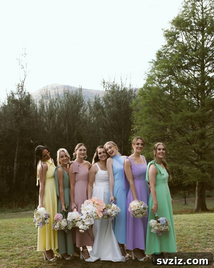 Stunning Summer Wedding Color Palettes 31 Delightful pastel wedding color scheme with mix-and-match bridesmaid dresses and floral bouquets