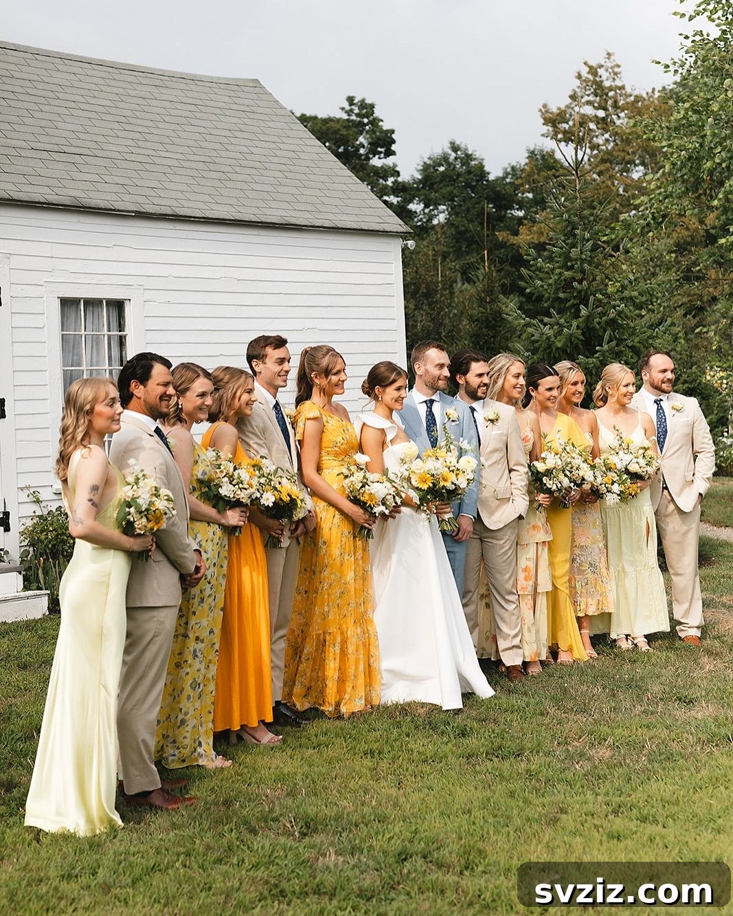 Stunning Summer Wedding Color Palettes 8 Elegant summer wedding decor featuring warm yellow floral arrangements against a lush green backdrop