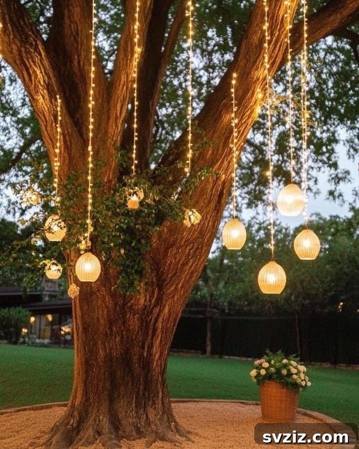 Enchanting string lights draped in trees for a garden wedding