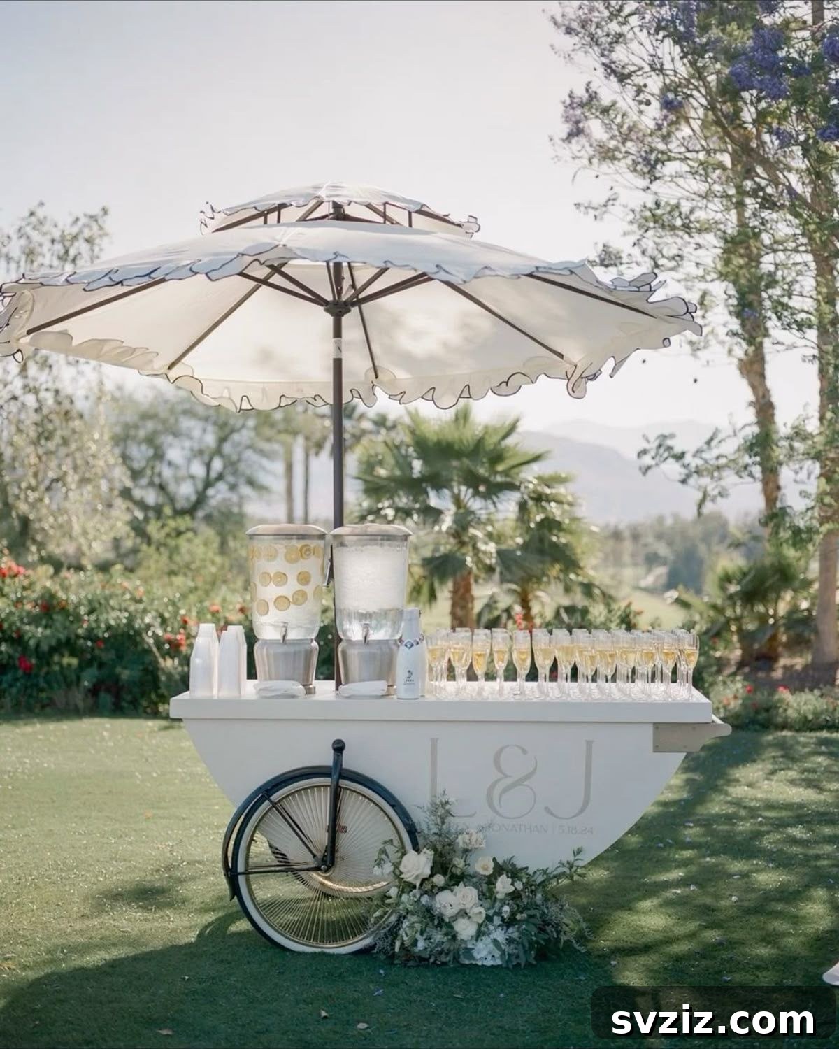 Whimsical wedding drink cart for a garden ceremony
