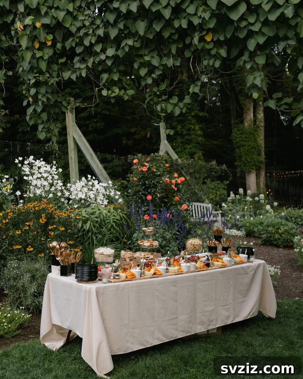 Elegant garden hors d’oeuvres station for wedding appetizers