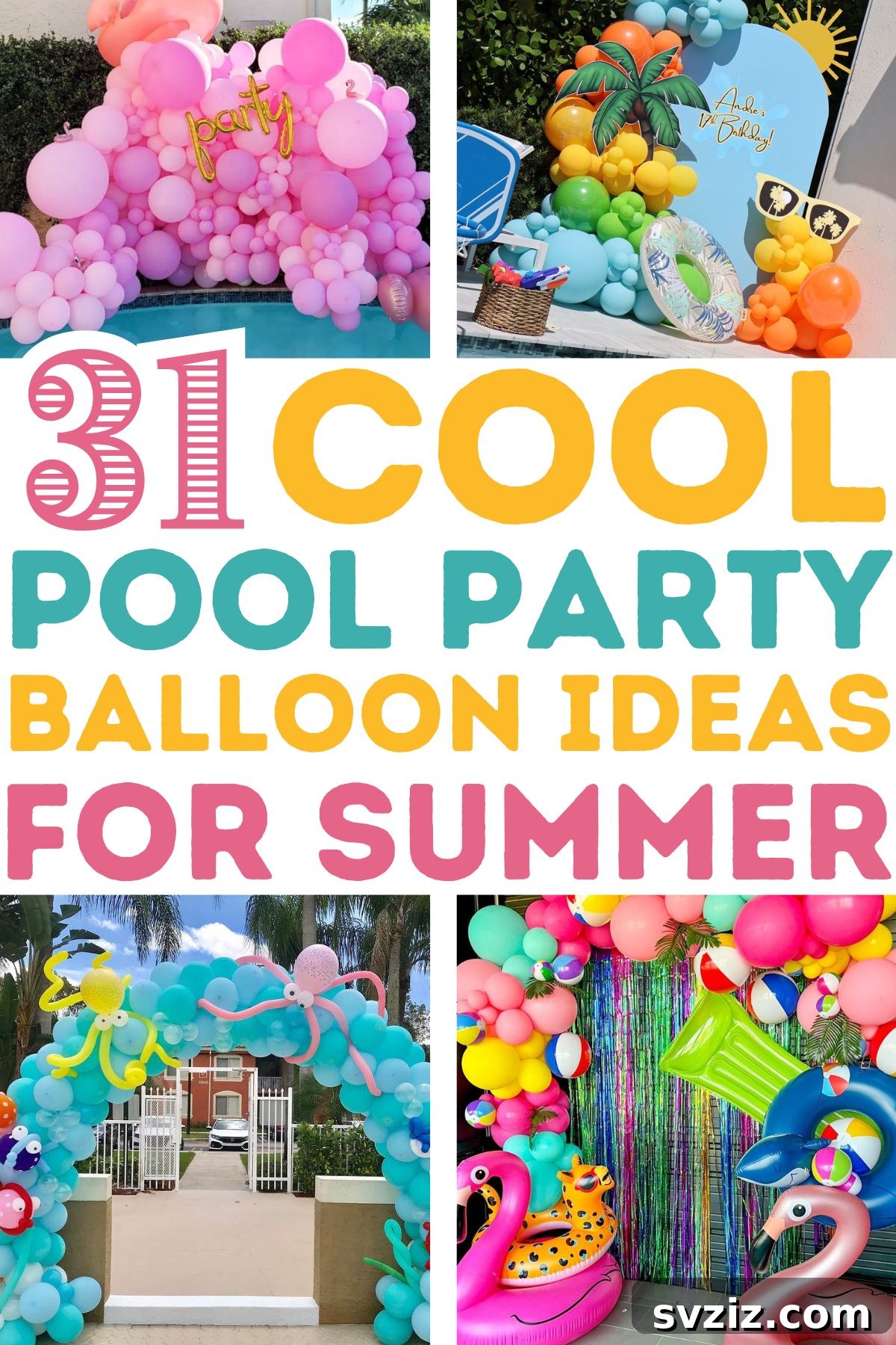 Vibrant floating and arched balloon decorations for a lively pool party setup.