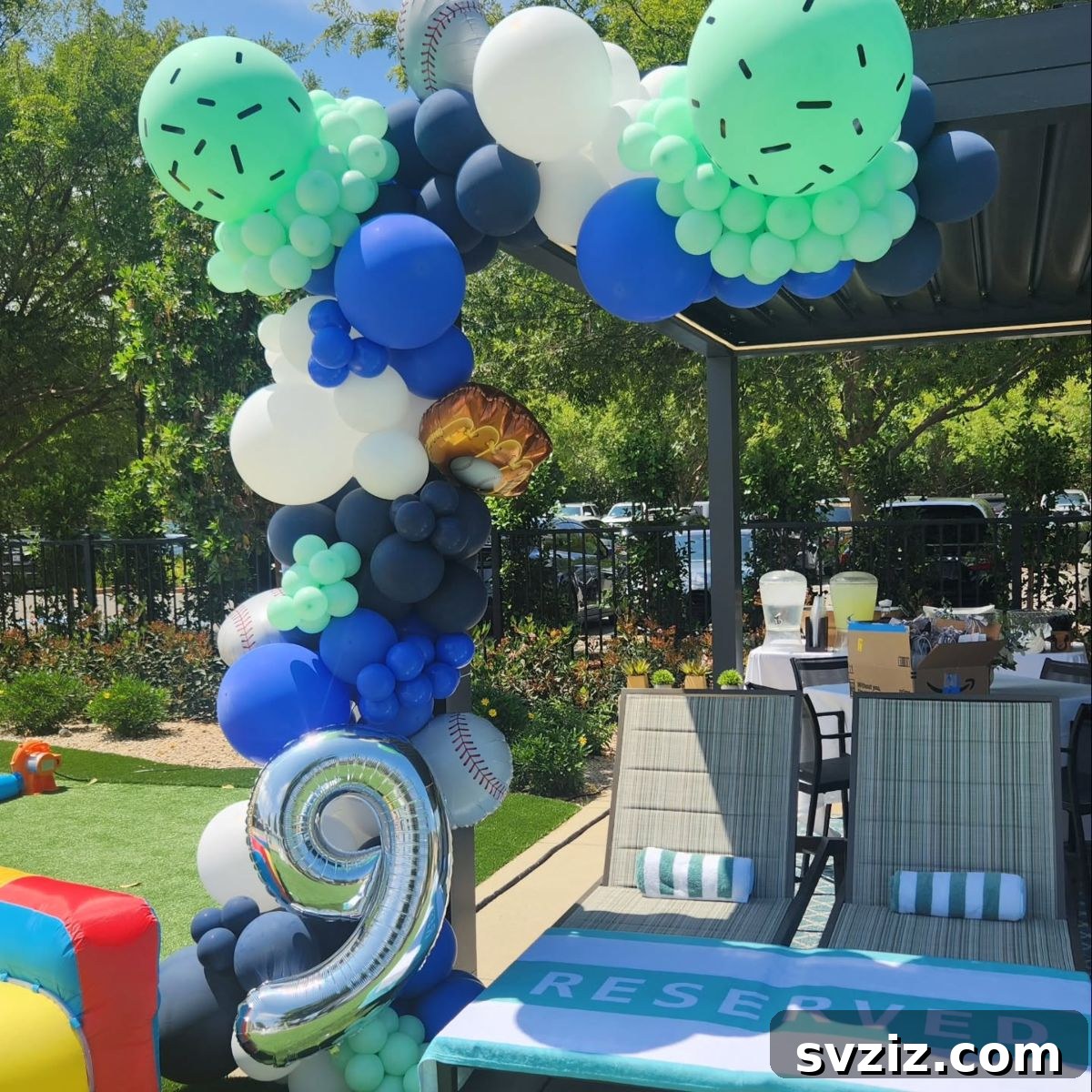 Baseball-themed balloon setup with red, white, and blue accents for a sports-lover's pool party.