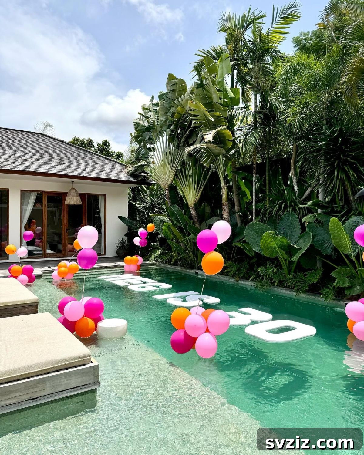 Customizable floating pool letters paired with simple, vibrant balloon bouquets for a personalized party.
