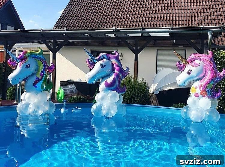 Adorable unicorn pool balloons, perfect for a whimsical and magical children's pool party.