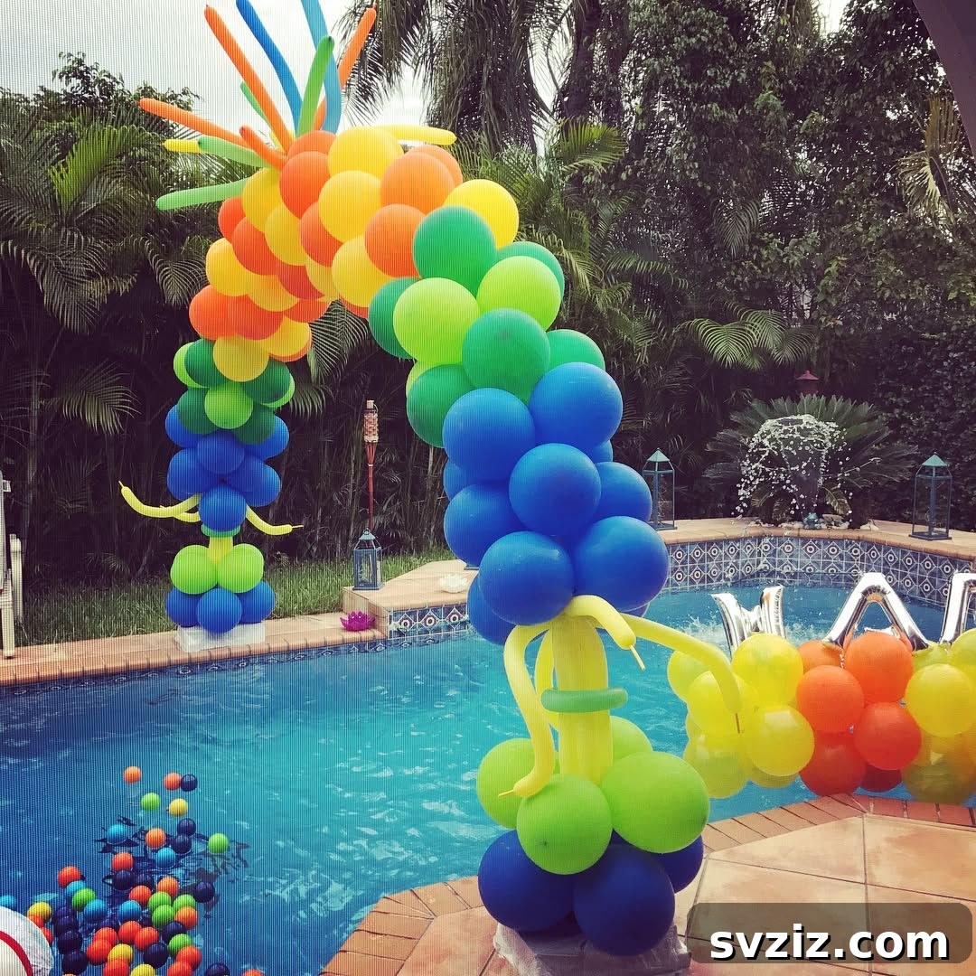 Fun and colorful balloon arch gracefully spanning over a pool, creating a festive entrance.