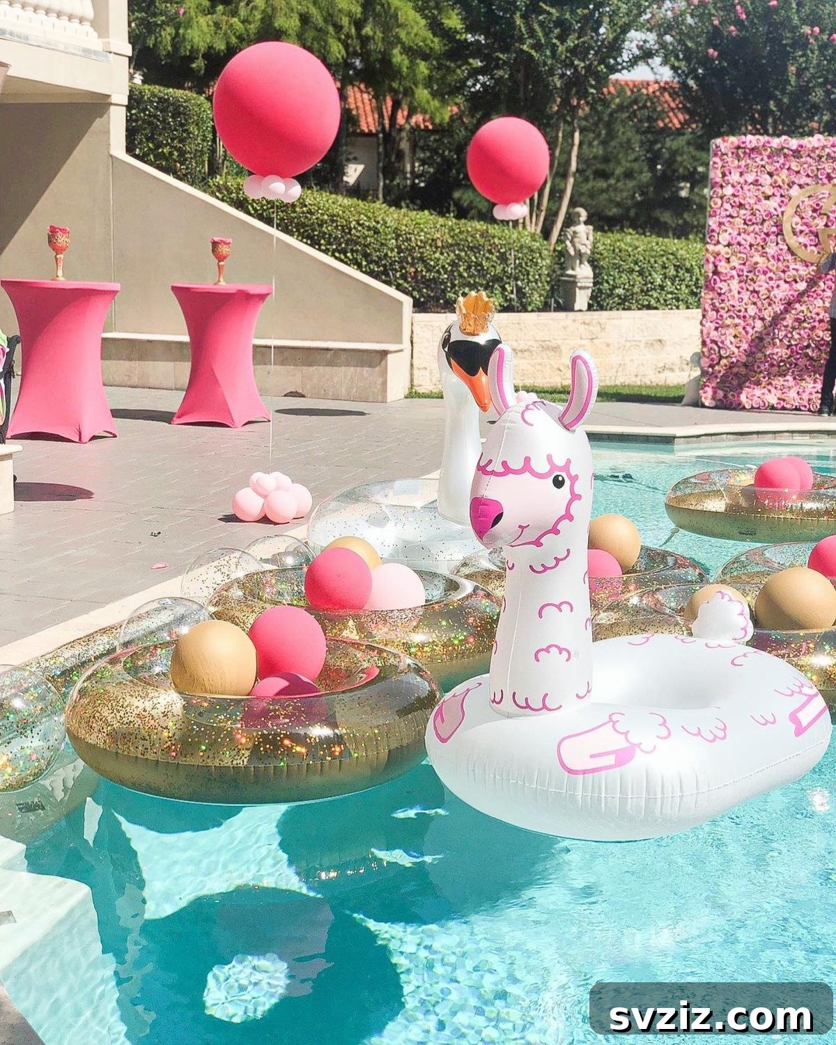 Fun and glamorous pool party setup with eye-catching pink balloons and sparkly gold inflatables.