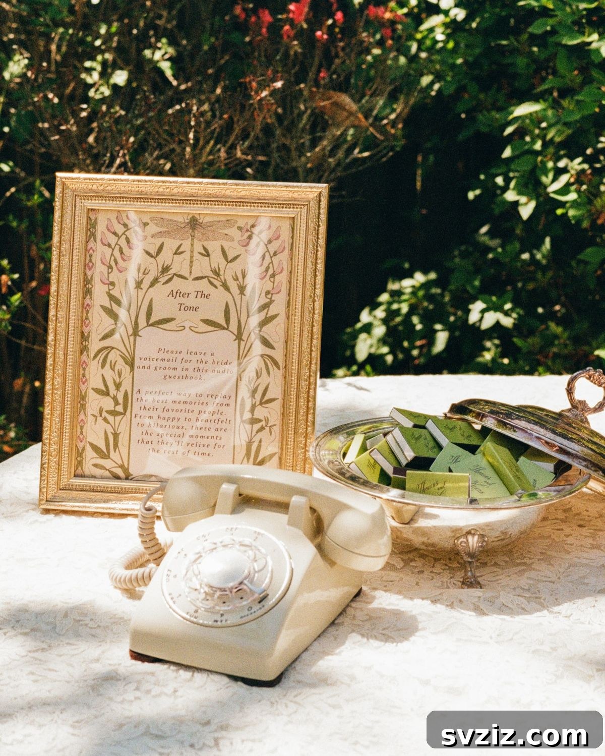 23 Dreamy Backyard Micro Wedding Concepts 12 Vintage telephone used as an audio guest book at a wedding