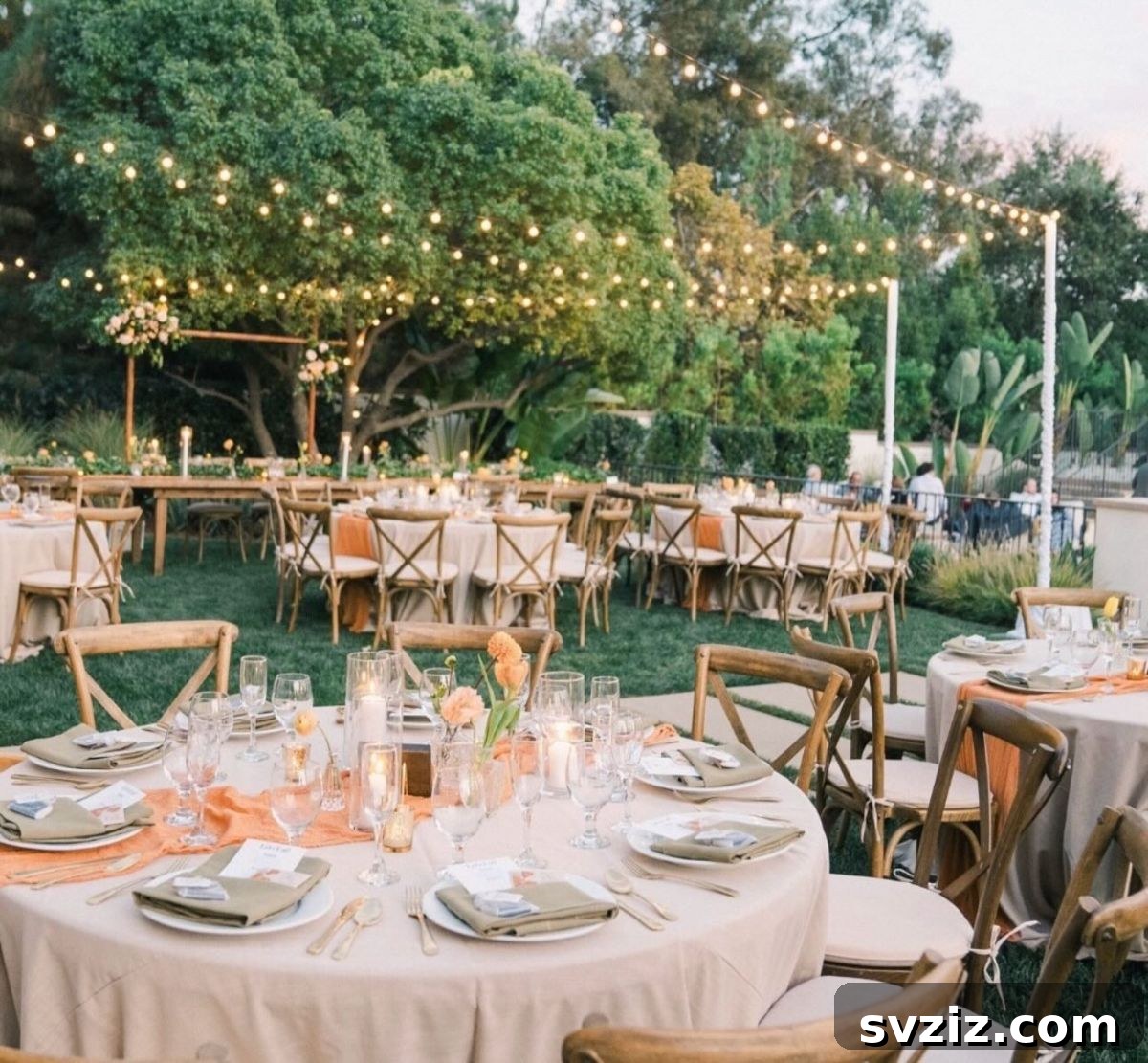 23 Dreamy Backyard Micro Wedding Concepts 22 Rustic chic backyard wedding reception with string lights and floral decor