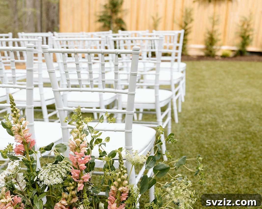 23 Dreamy Backyard Micro Wedding Concepts 23 Woodsy garden wedding ceremony with simple white chairs and natural decor