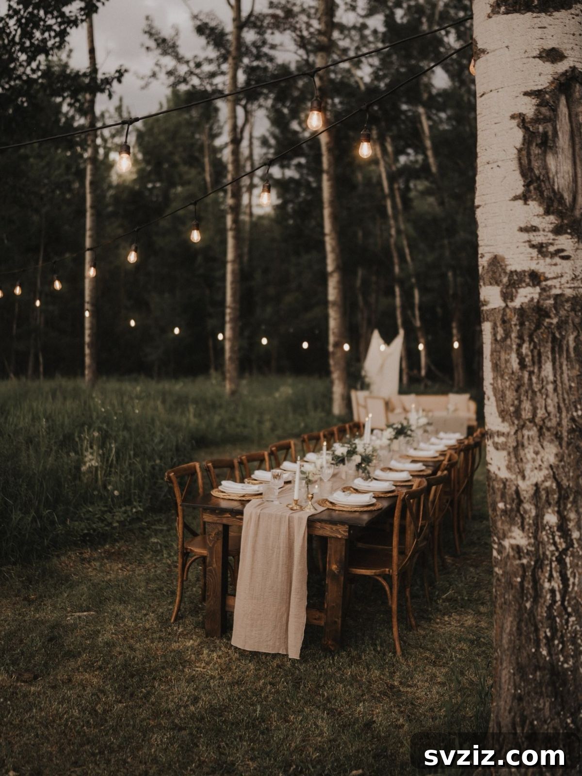 23 Dreamy Backyard Micro Wedding Concepts 4 Elegant long table setup with twinkling lights for a backyard micro wedding