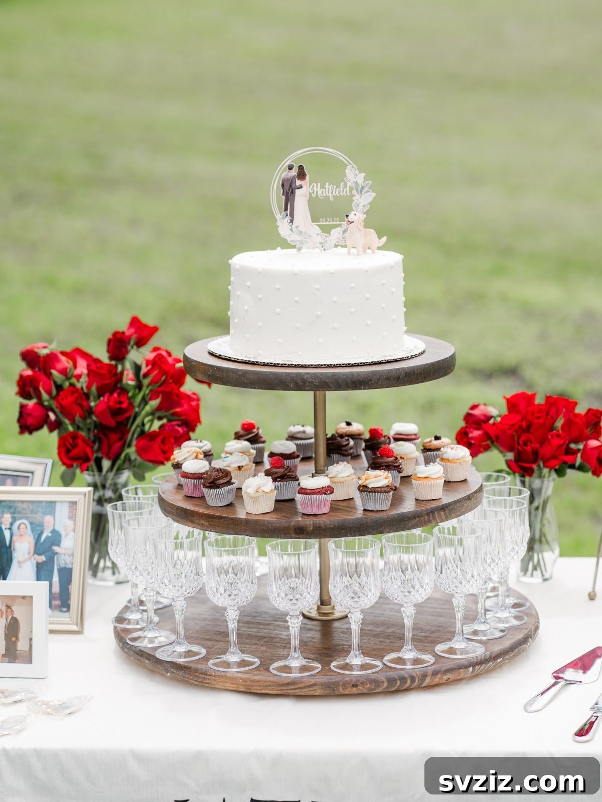 23 Dreamy Backyard Micro Wedding Concepts 7 Three-tier stand serving desserts or drinks at a backyard wedding