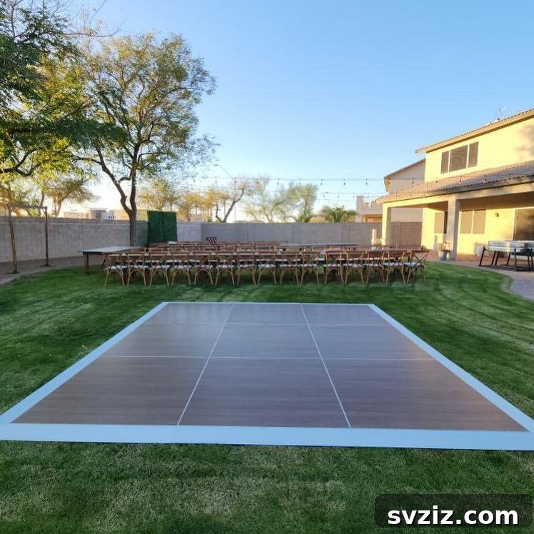 23 Dreamy Backyard Micro Wedding Concepts 8 Backyard wedding reception with dining tables and an outdoor dance floor