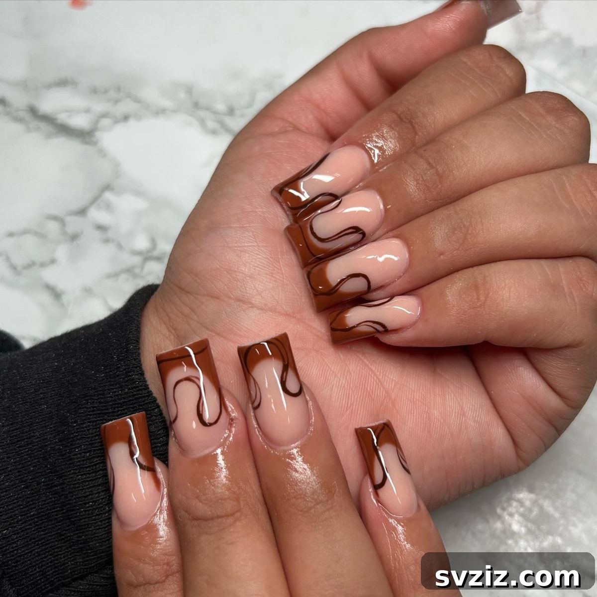 Chic Sophisticated Brown Swirl French Manicure