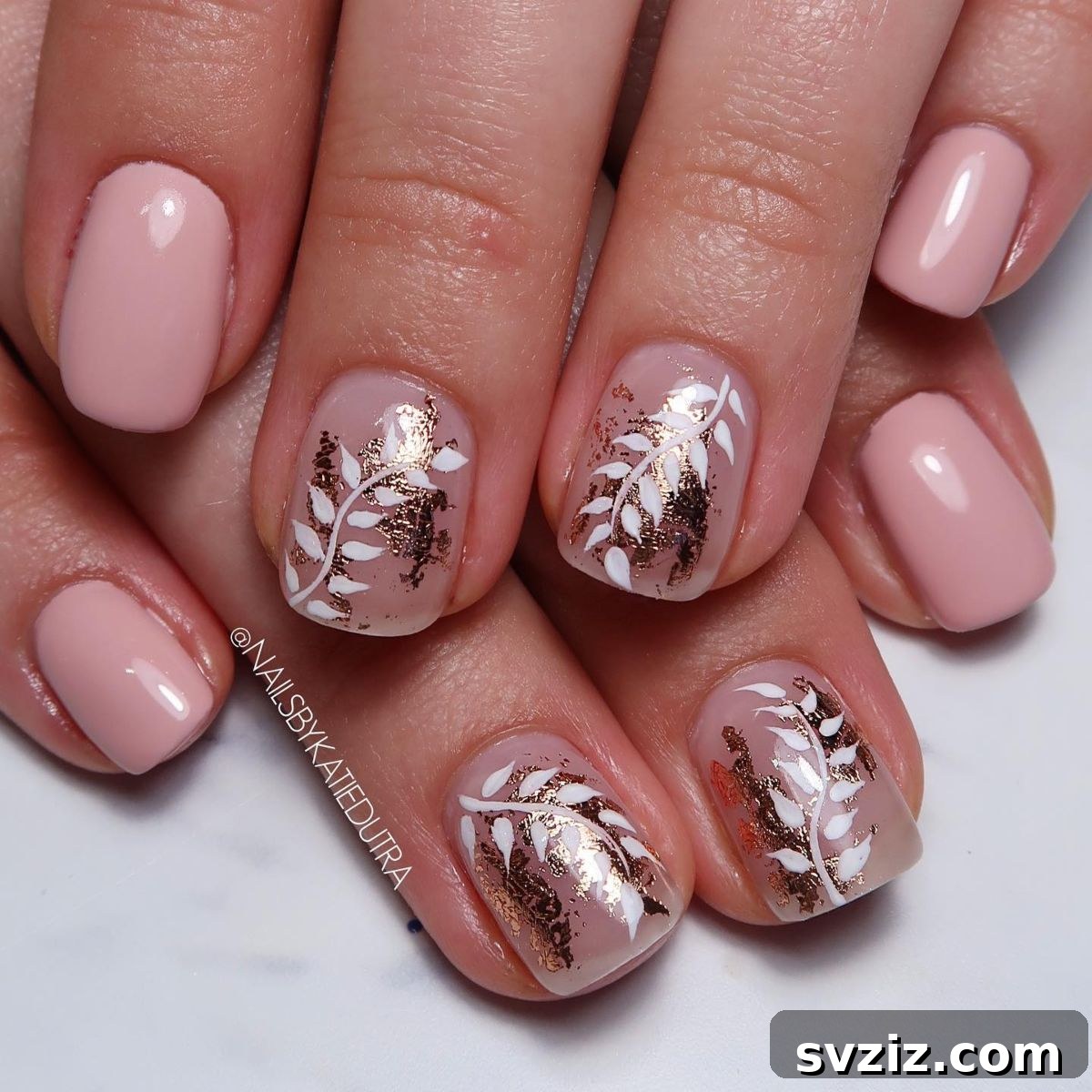 Glamorous Short Nude Nails with Rose Gold Leaf Art