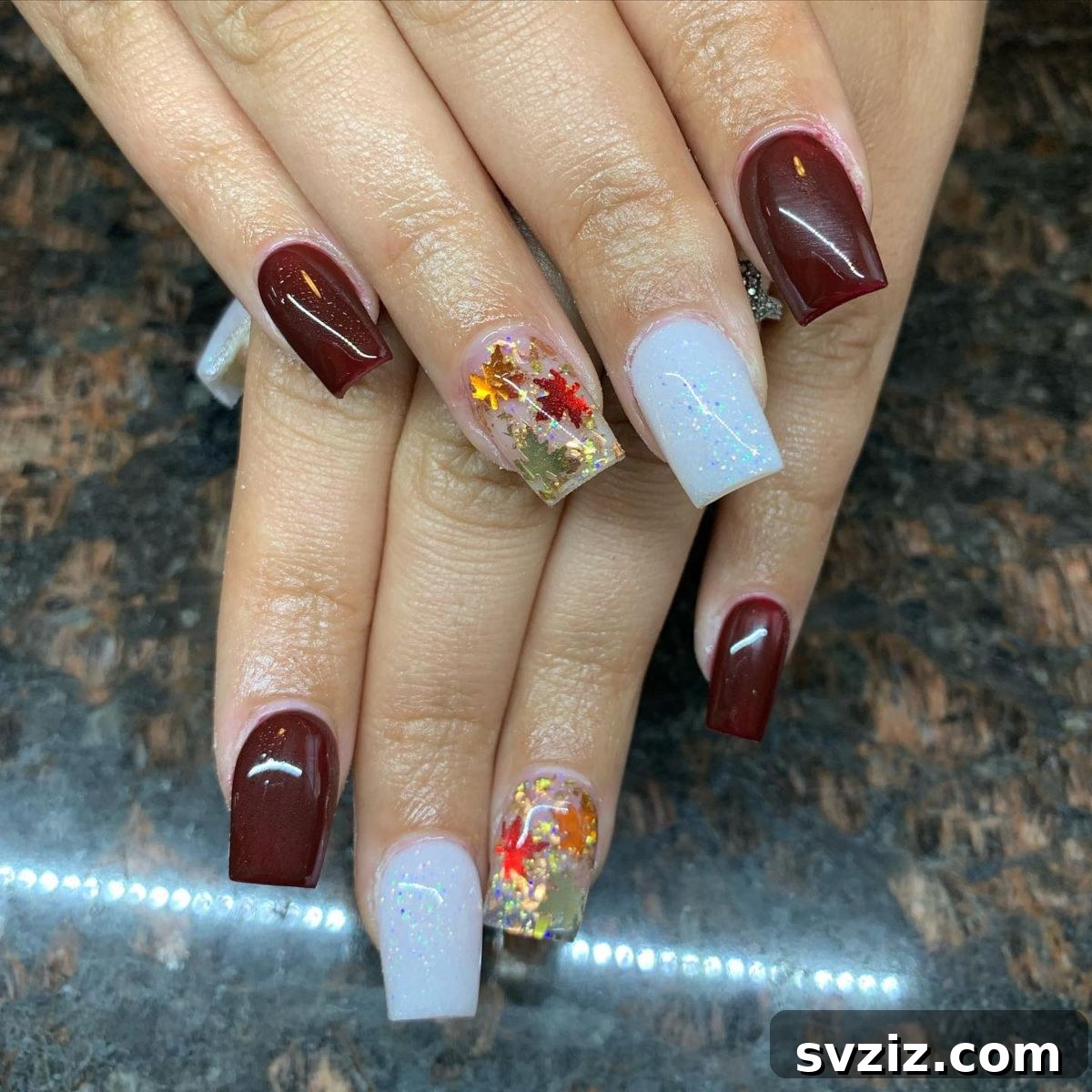 Festive Sparkly Leaf Accent Nails for Autumn