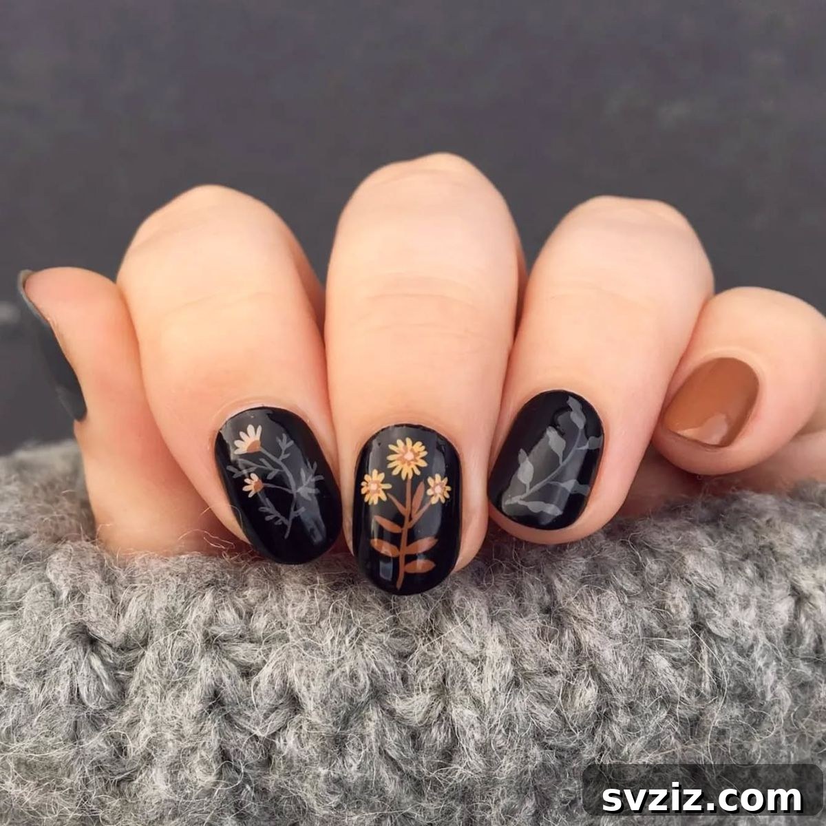 Bold Black Nails with Autumn Floral Designs