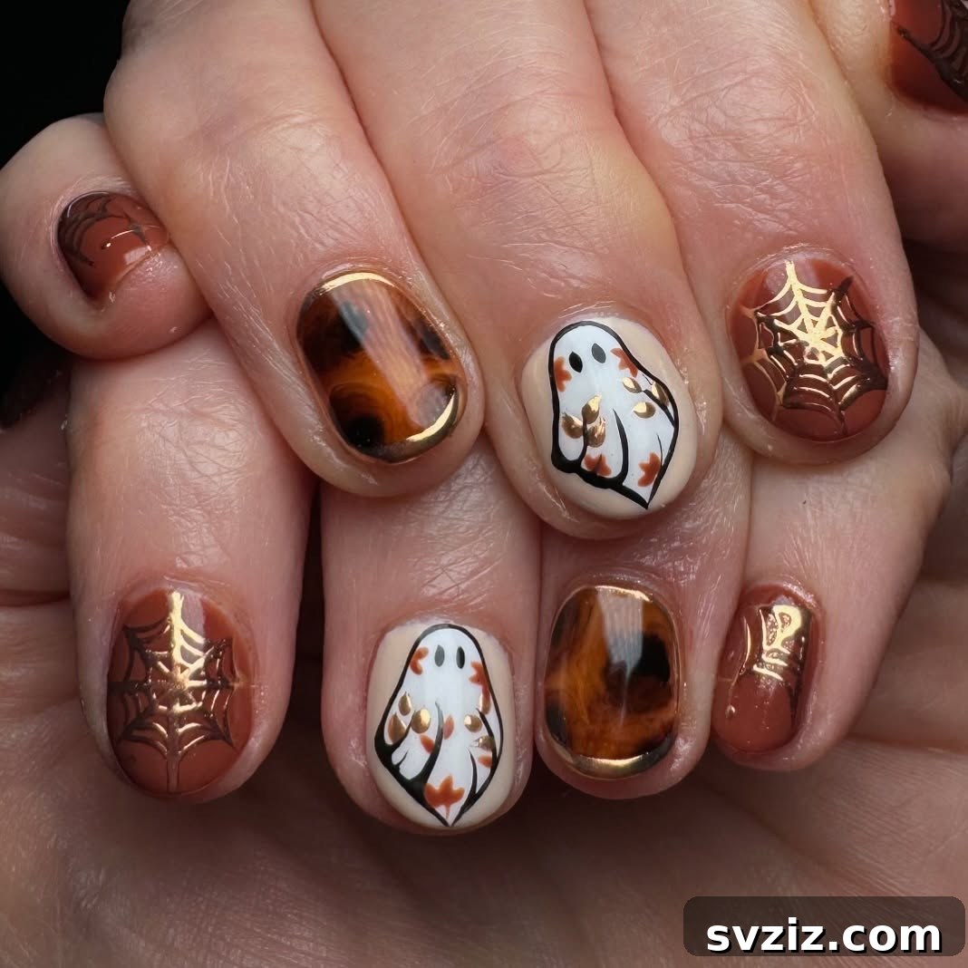 23 Hottest Autumn Nail Trends to Inspire You 11 Brown and Bronze Ghost and Spiderweb Halloween Nails