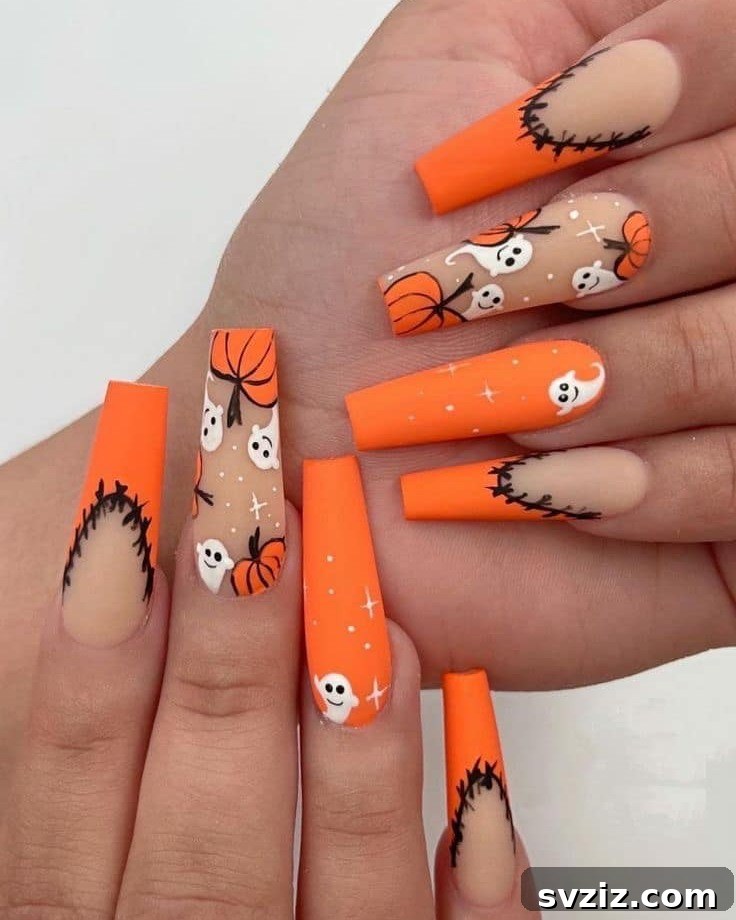 23 Hottest Autumn Nail Trends to Inspire You 24 Glam Halloween Nails with Orange French Tips and Witchy Patterns