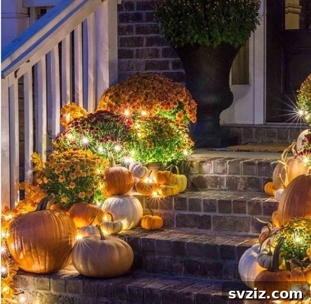 31 Autumn Outdoor Decor Ideas to Enhance Your Home's Curb Appeal 22 Porch steps with elegant ambient lighting enhancing fall florals and pumpkins