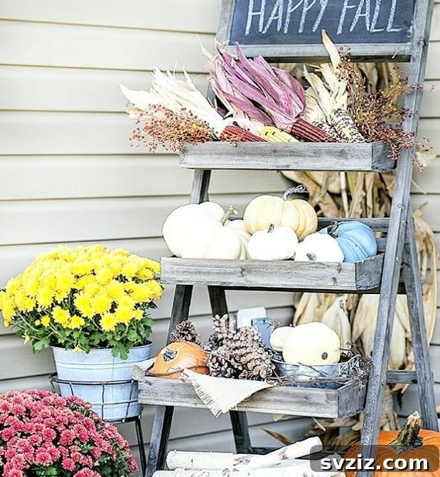 31 Autumn Outdoor Decor Ideas to Enhance Your Home's Curb Appeal 30 Creative rustic fall ladder shelf display with pumpkins, pinecones, and fall florals