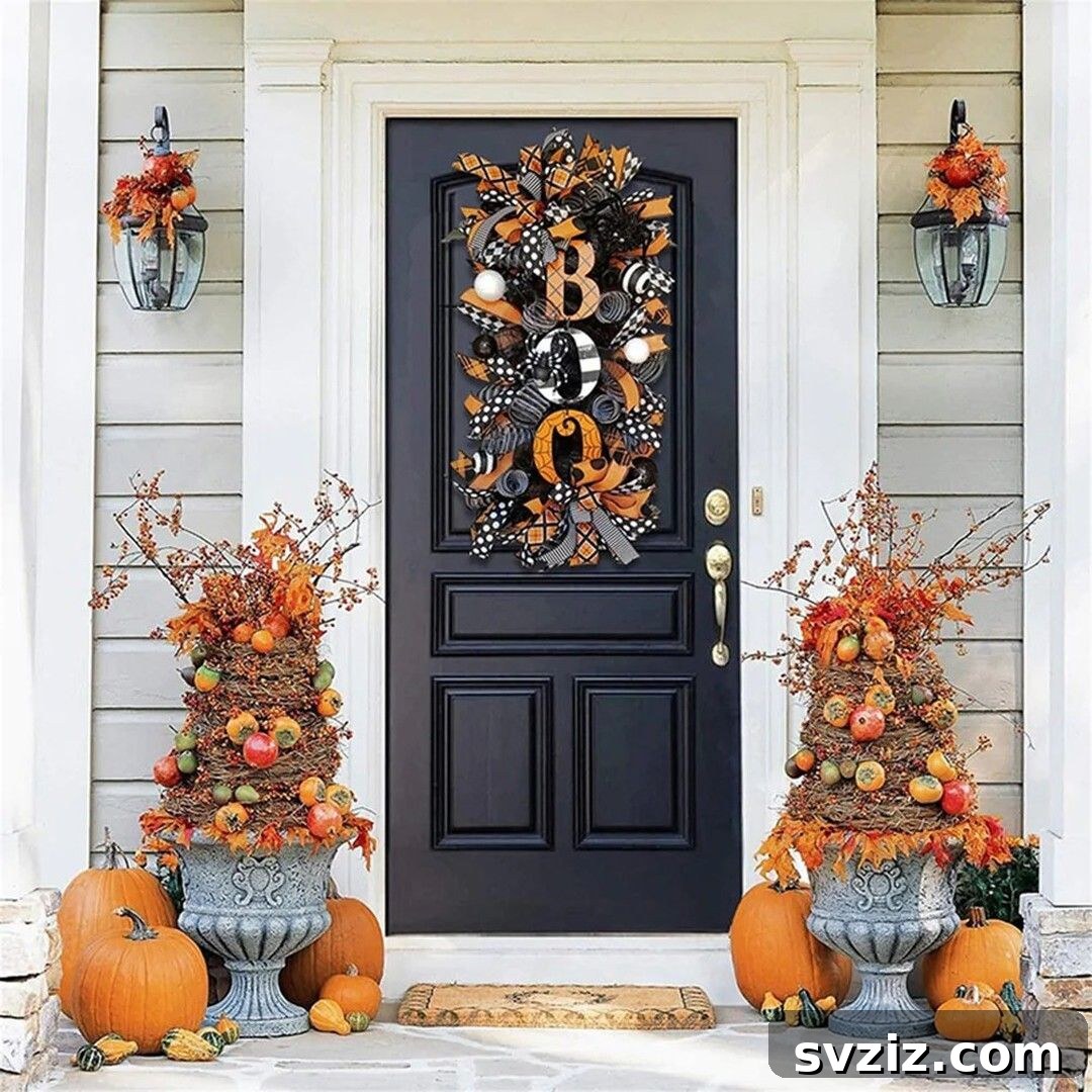 31 Autumn Outdoor Decor Ideas to Enhance Your Home's Curb Appeal 33 Stunning 'Boo!' Halloween wreath with black, white, and orange color combination