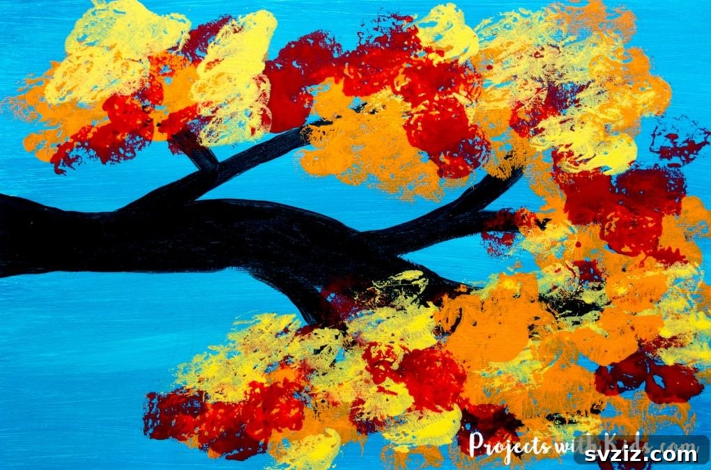 27 Delightful Autumn Crafts for Little Ones 11 Innovative Autumn Tree Painting with Cotton Balls for kids