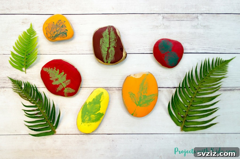 27 Delightful Autumn Crafts for Little Ones 7 Creative Leaf Printing on Rocks fall activity for toddlers