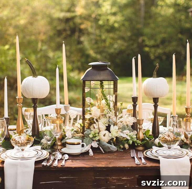 21 Elegant Fall Rustic Wedding Tabletop Concepts 18 Rustic Romantic Fall Wedding Tablescape with Black Lanterns, Florals, and Pumpkin Candle Holders