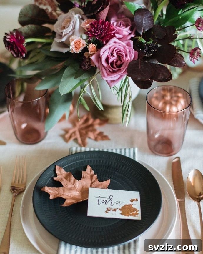 21 Elegant Fall Rustic Wedding Tabletop Concepts 22 Modern Rustic Chic Fall Wedding Tablescape with Black Plates and Calligraphy Place Cards