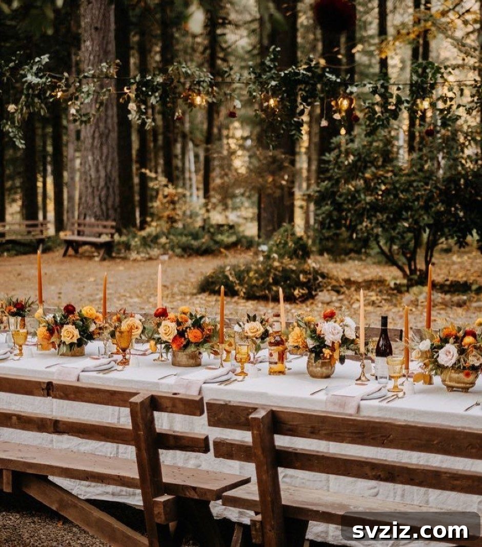 21 Elegant Fall Rustic Wedding Tabletop Concepts 5 Long Rustic Wedding Table with Abundant Orange and White Fall Florals