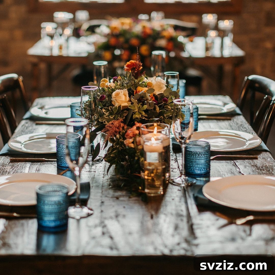 21 Elegant Fall Rustic Wedding Tabletop Concepts 7 Intimate Fall Wedding Table Decor with Simple Seasonal Flowers and Blue Glasses
