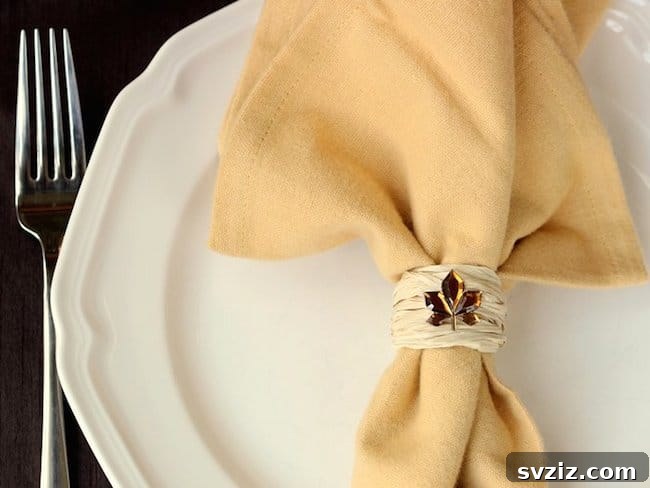 31 Chic Fall DIY Projects for Adult Homes 16 Sophisticated DIY fall napkin rings made with raffia and rhinestone leaf gems, ideal for Thanksgiving tablescapes.
