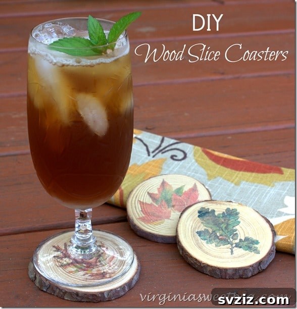 31 Chic Fall DIY Projects for Adult Homes 19 Handmade fall wood slice coasters with autumn image transfers, perfect for rustic decor.