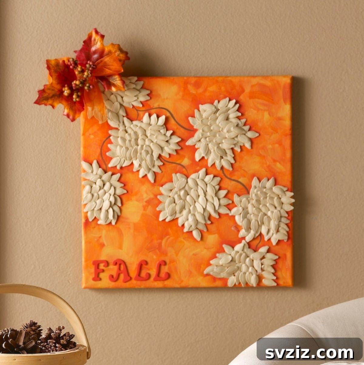 31 Chic Fall DIY Projects for Adult Homes 20 Creative DIY pumpkin seed art canvas, showcasing vibrant fall colors for unique wall decor.
