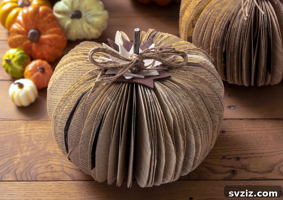 31 Chic Fall DIY Projects for Adult Homes 33 Elegant DIY book page pumpkin, a chic and sustainable fall craft made from recycled books.