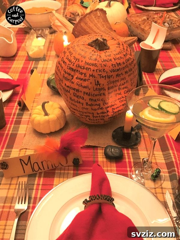 Family creating a Gratitude Pumpkin, writing thankful messages on it