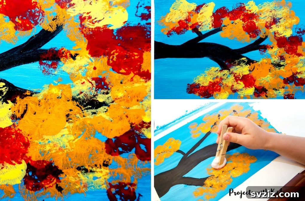 23 Gobble-Worthy Thanksgiving Art Ideas for Little Hands 17 15. Autumn Tree Cotton Ball Painting