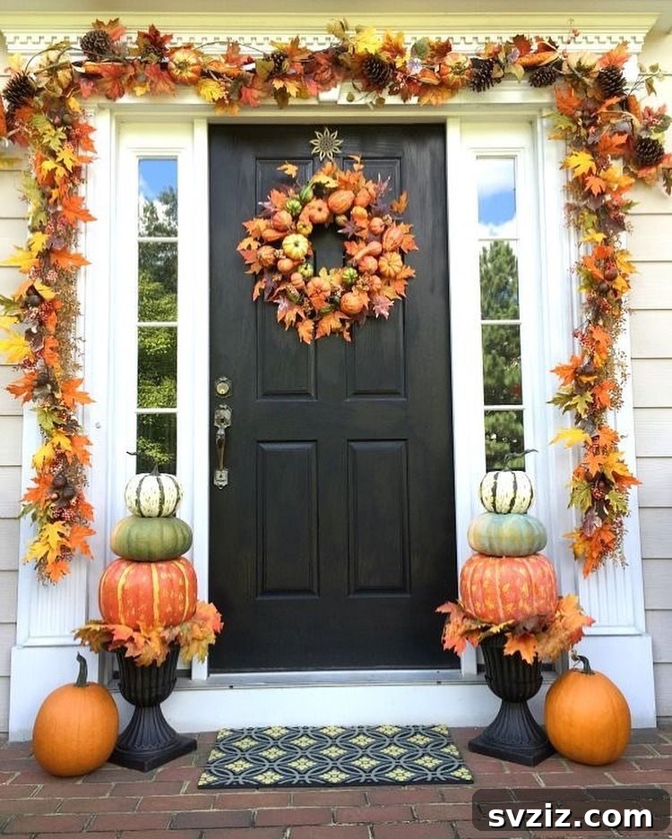 21 Gorgeous Thanksgiving Entryway Designs 20 18. Pumpkins and Leaves