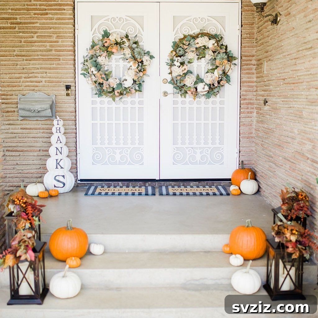 21 Gorgeous Thanksgiving Entryway Designs 9 7. “Thanks” Pumpkin Tower