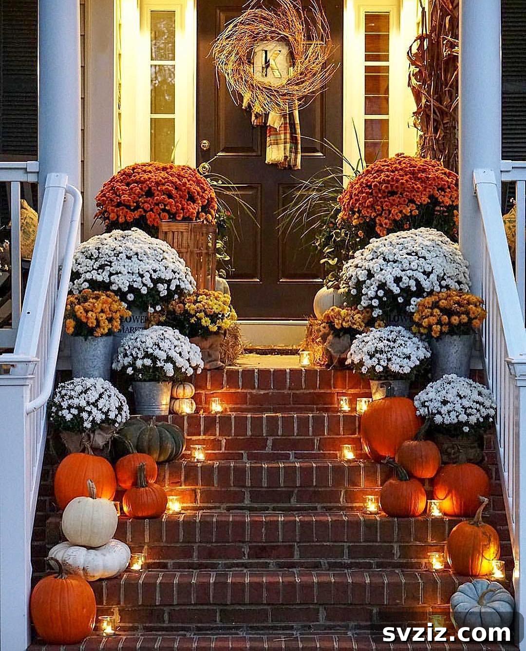 21 Gorgeous Thanksgiving Entryway Designs 10 8. Autumn Floral-Lined Steps