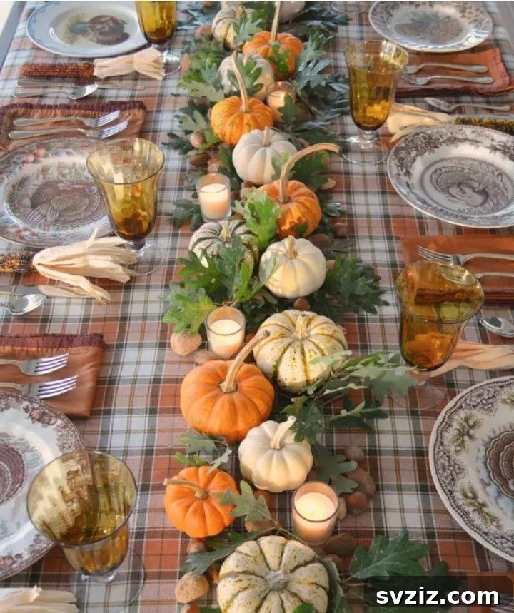 Craft the Perfect Feast: 21 DIY Thanksgiving Tablescapes 11 An elegant Thanksgiving tablescape featuring a line of mini pumpkins and touches of greenery along the center of a long table.