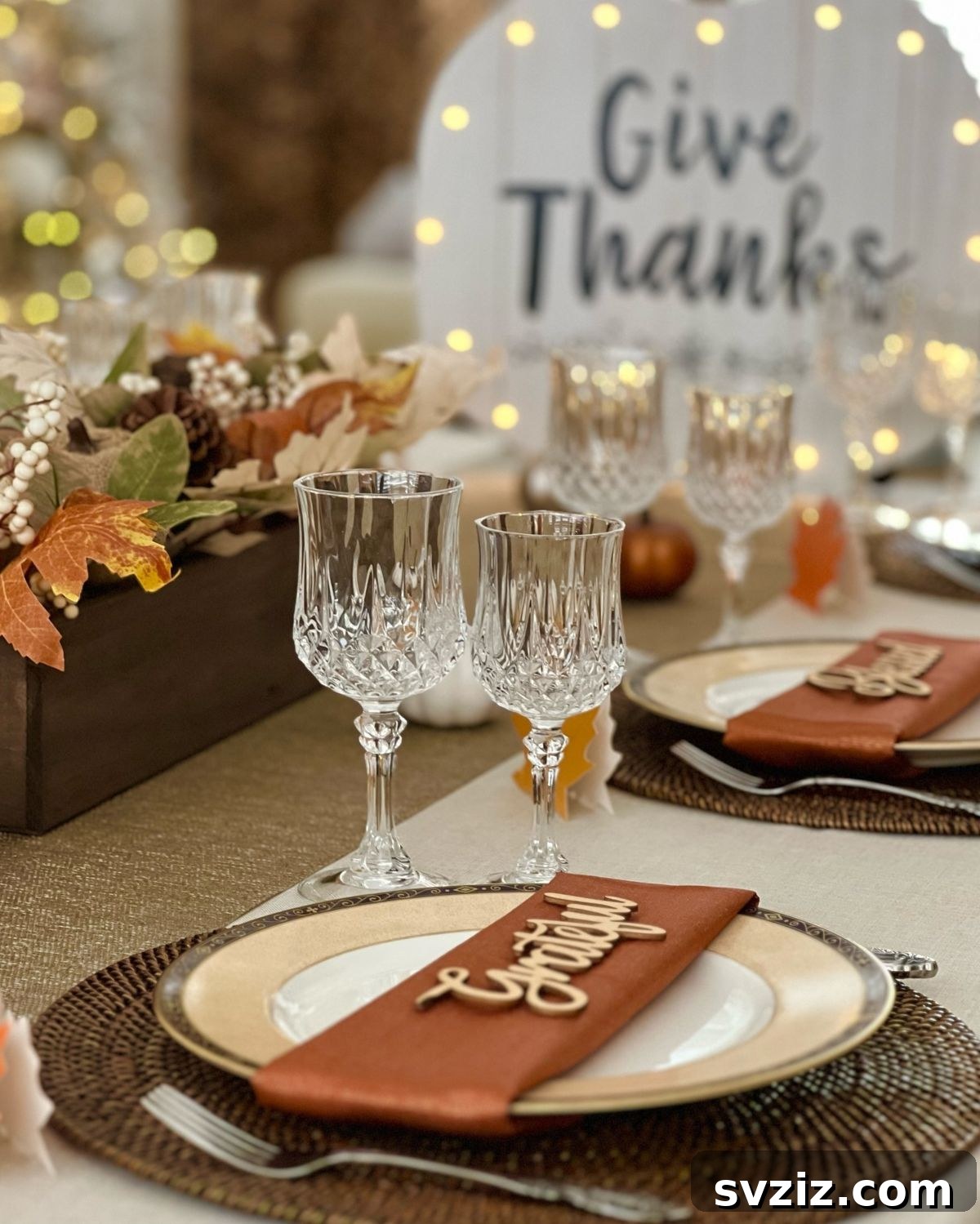 Craft the Perfect Feast: 21 DIY Thanksgiving Tablescapes 12 A beautifully set Thanksgiving plate with a 'Grateful' cutout, enhancing the festive and thankful atmosphere.