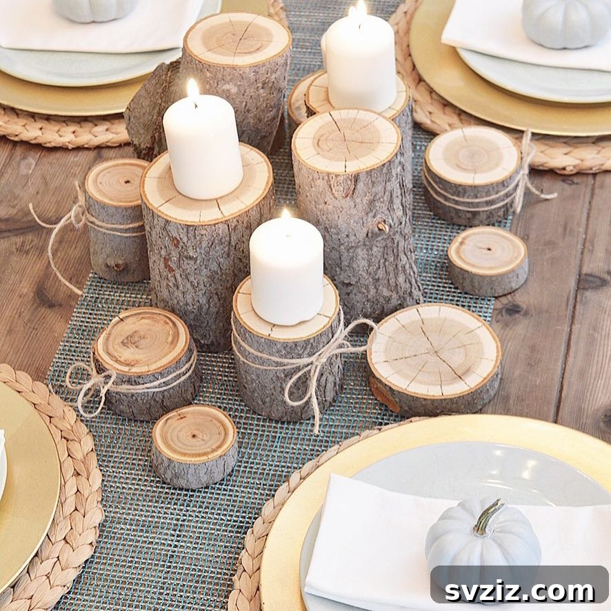 Craft the Perfect Feast: 21 DIY Thanksgiving Tablescapes 14 A rustic wood candle centerpiece with multiple candles, creating a warm and intimate ambiance for Thanksgiving dinner.