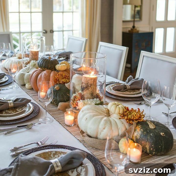 Craft the Perfect Feast: 21 DIY Thanksgiving Tablescapes 20 A Thanksgiving tablescape exclusively decorated with an array of beautifully arranged pumpkins, offering an understated and elegant fall aesthetic.