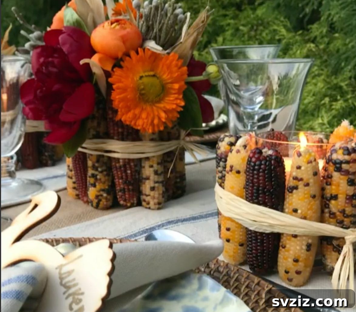 Craft the Perfect Feast: 21 DIY Thanksgiving Tablescapes 21 Thanksgiving table decor featuring unique corn-adorned candle holders and vases, perfect for an on-theme and natural autumn display.