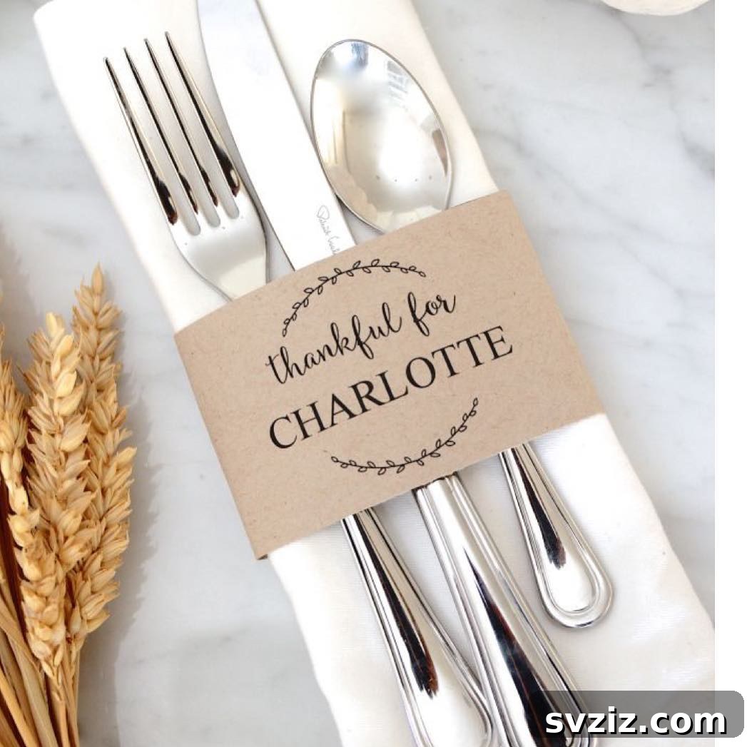 Craft the Perfect Feast: 21 DIY Thanksgiving Tablescapes 6 Elegant Thanksgiving napkin rings with 'Thankful For' message, adding a personal touch to the holiday table.