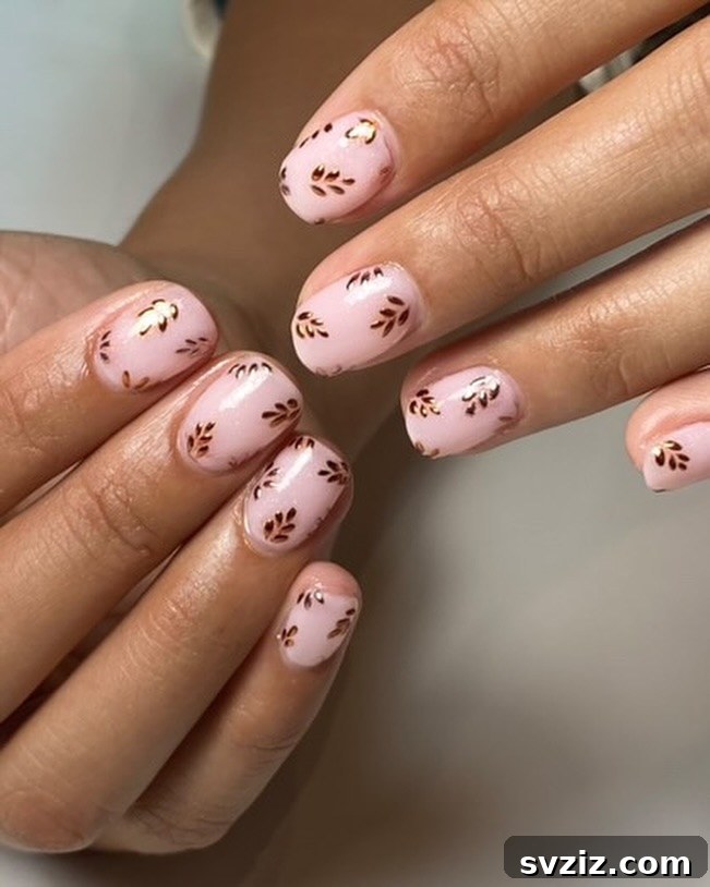 Nude Pink and Leafy Fall Nail Designs
