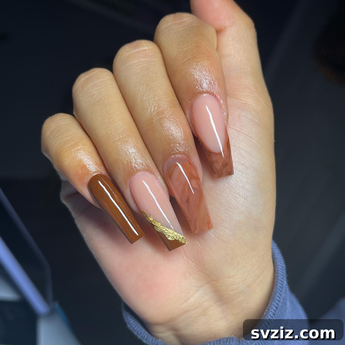 Brown Coffin Nails with Gold and Marble Accents