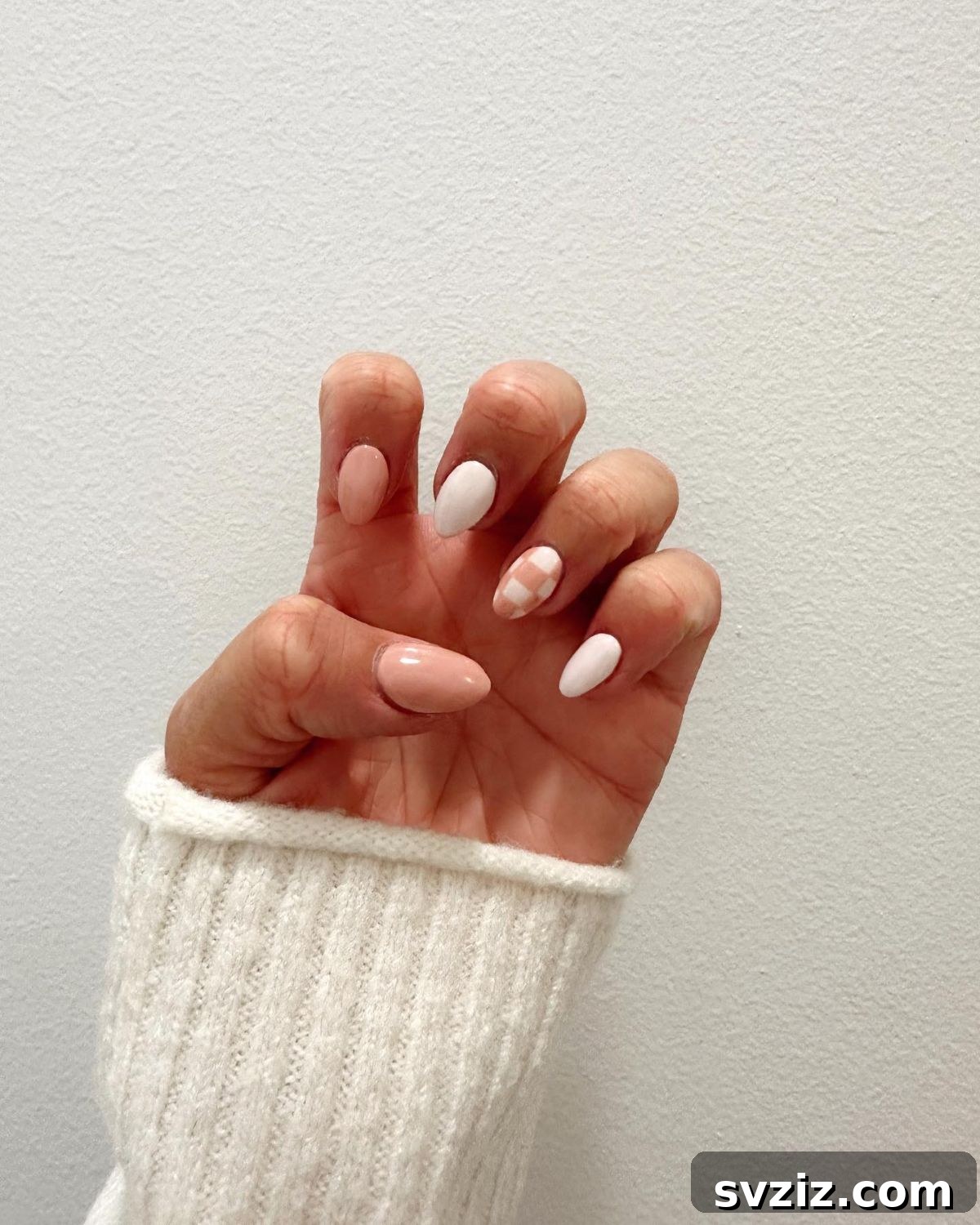 Checkered Accent Nail with Subtle Pink and White